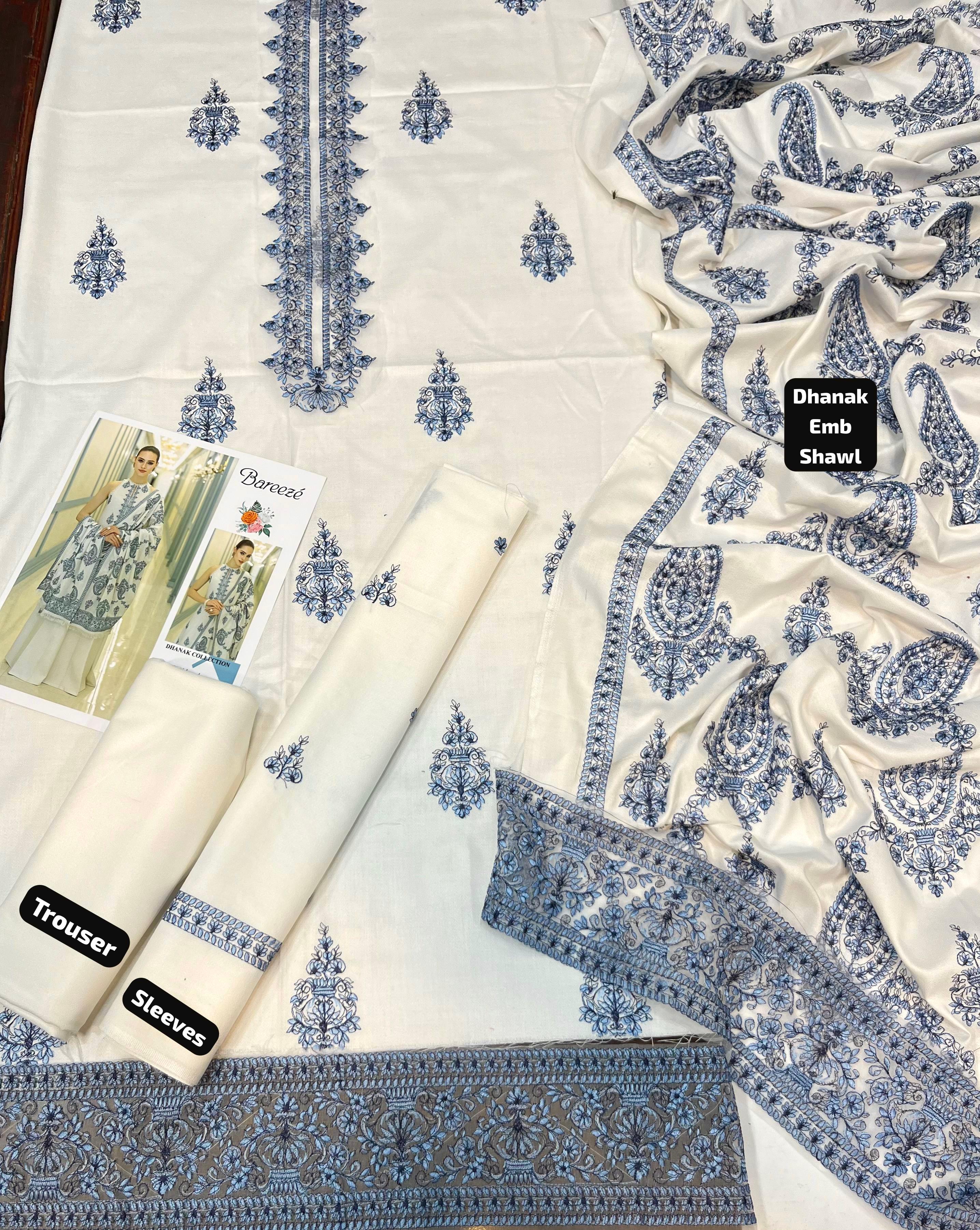 Bareeze Dhanak 3 Piece Unstiched Full Embroidery With Dhanak Embroidery Shawl