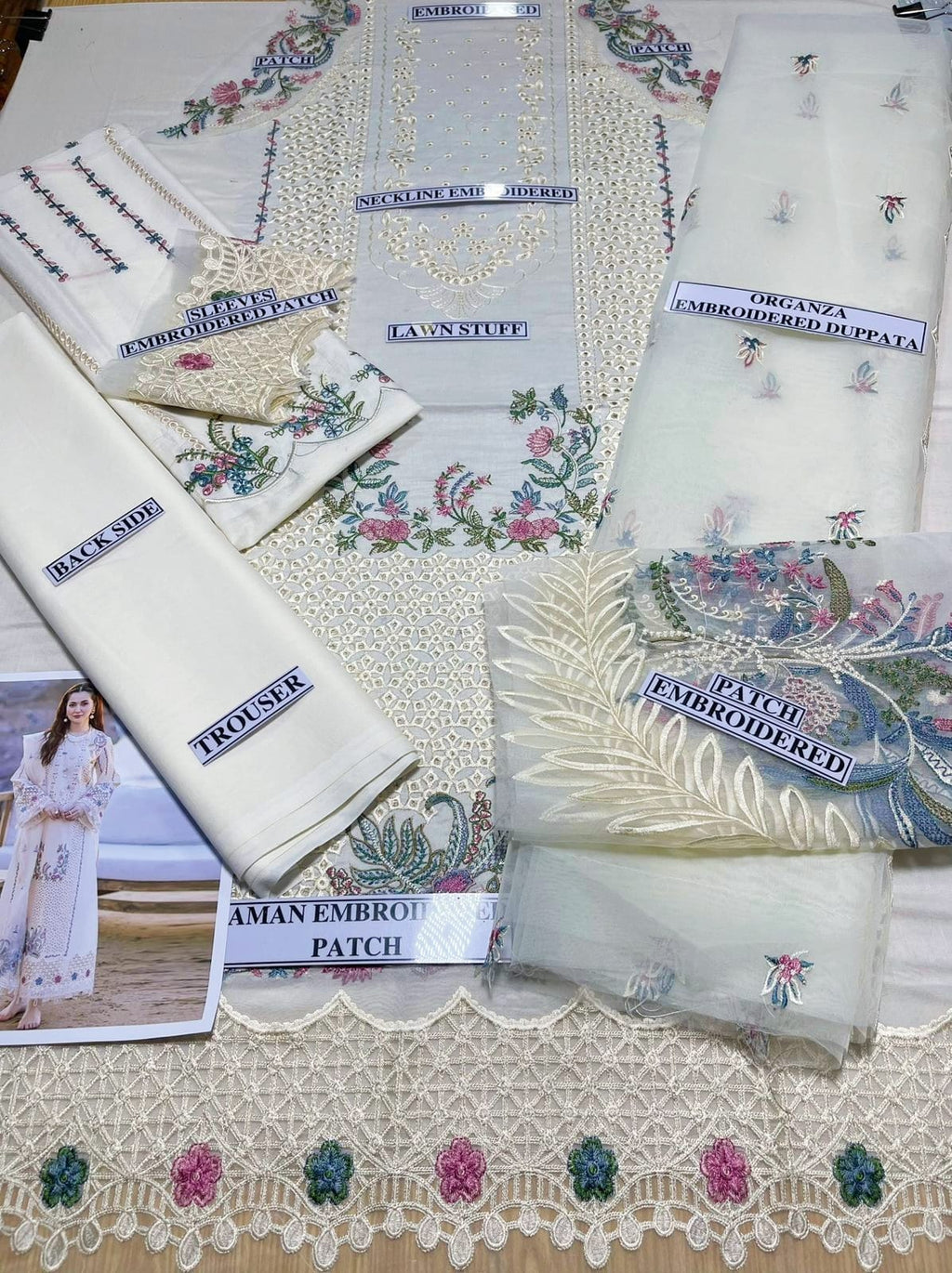 QALAMKAR BRAND Lawn 3 Piece Unstiched With Organza Emb Duppatta With Patch For Women