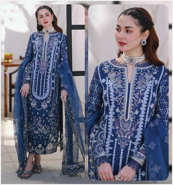 BRAND : Qalamkar Lawn 3 Piece Unstich Full Heavy  Embroiderd Suit With Organza Duppata