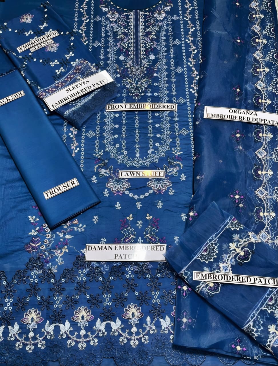 BRAND : Qalamkar Lawn 3 Piece Unstich Full Heavy  Embroiderd Suit With Organza Duppata