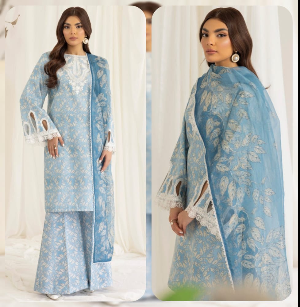 Mohagni  Brand 3 Piece Lawn Unstich Digital Printed Suit With Emb Patches for Women