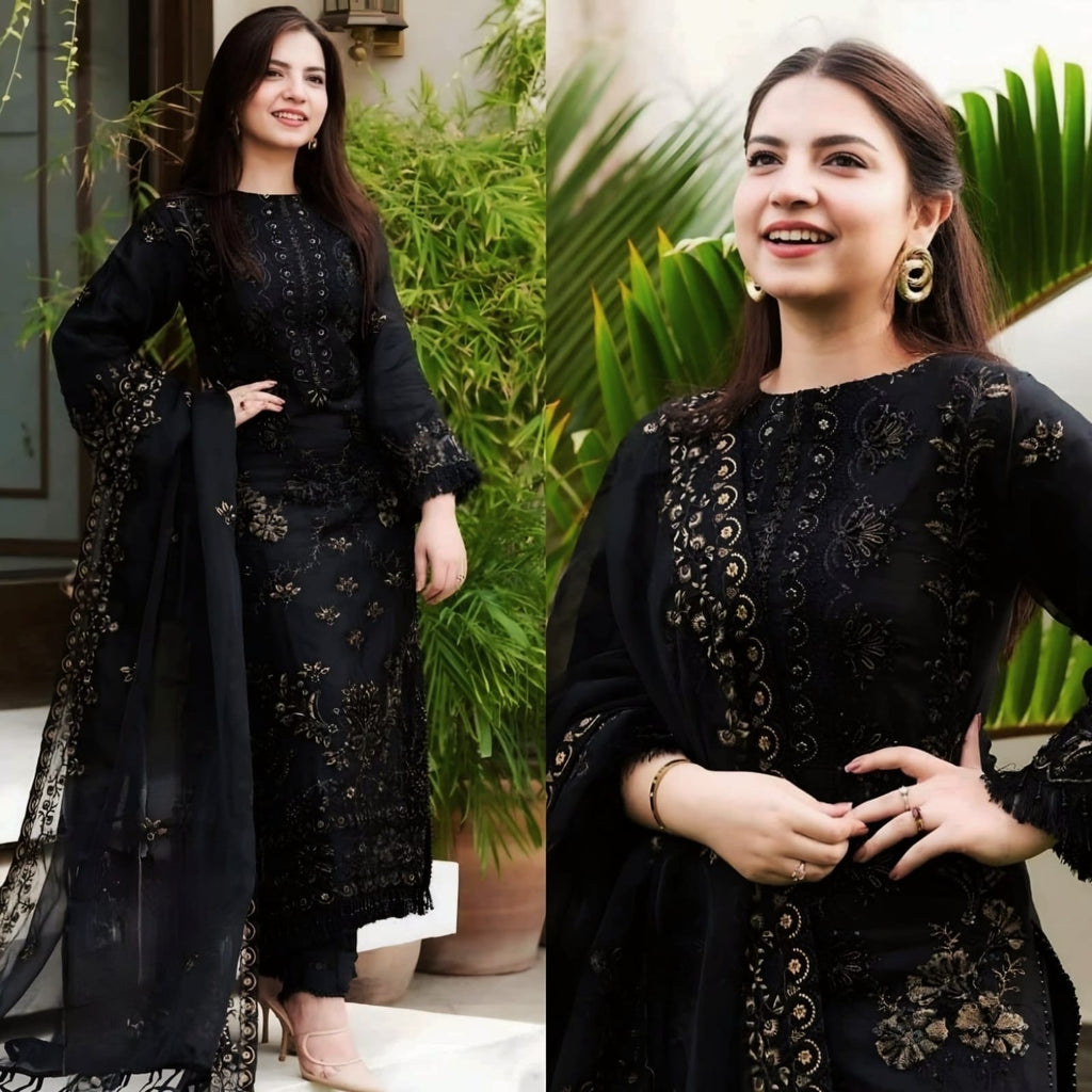 NISA BRAND 3 Piece Unstiched  Full Heavy Embroiderd With Organza Duppata For Women