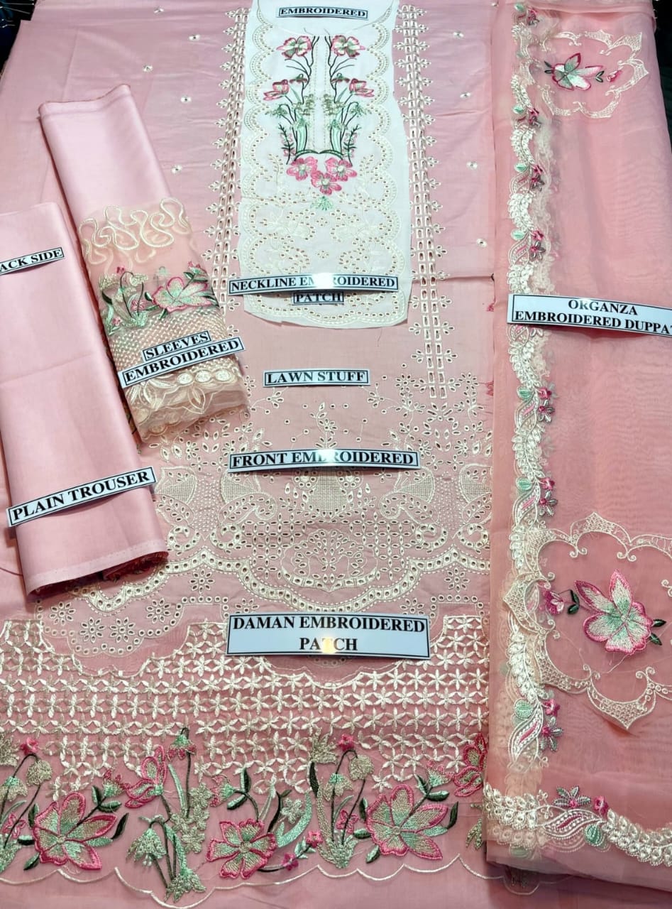 Brand : Bin ilyas 3 Piece Unstiched Full Embroidery Lawn Suit With Organza Duppata For Women Party Wear