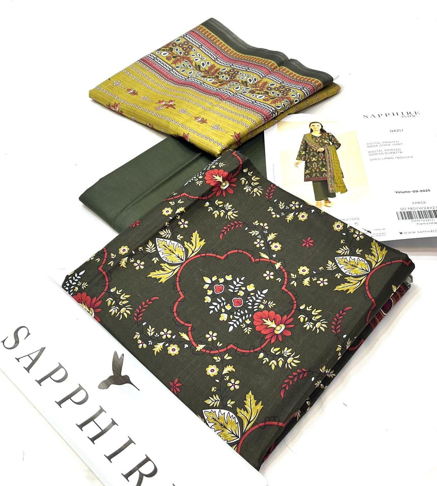 Sapphire Lawn 3 Piece Unstiched  With Digital Printed Duppata