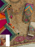 Maria B : Organza & Silk Frock 3 Piece Unstiched Full Embroidery With Sleeves Cutwork With Organza Duppata For Women Party Wear
