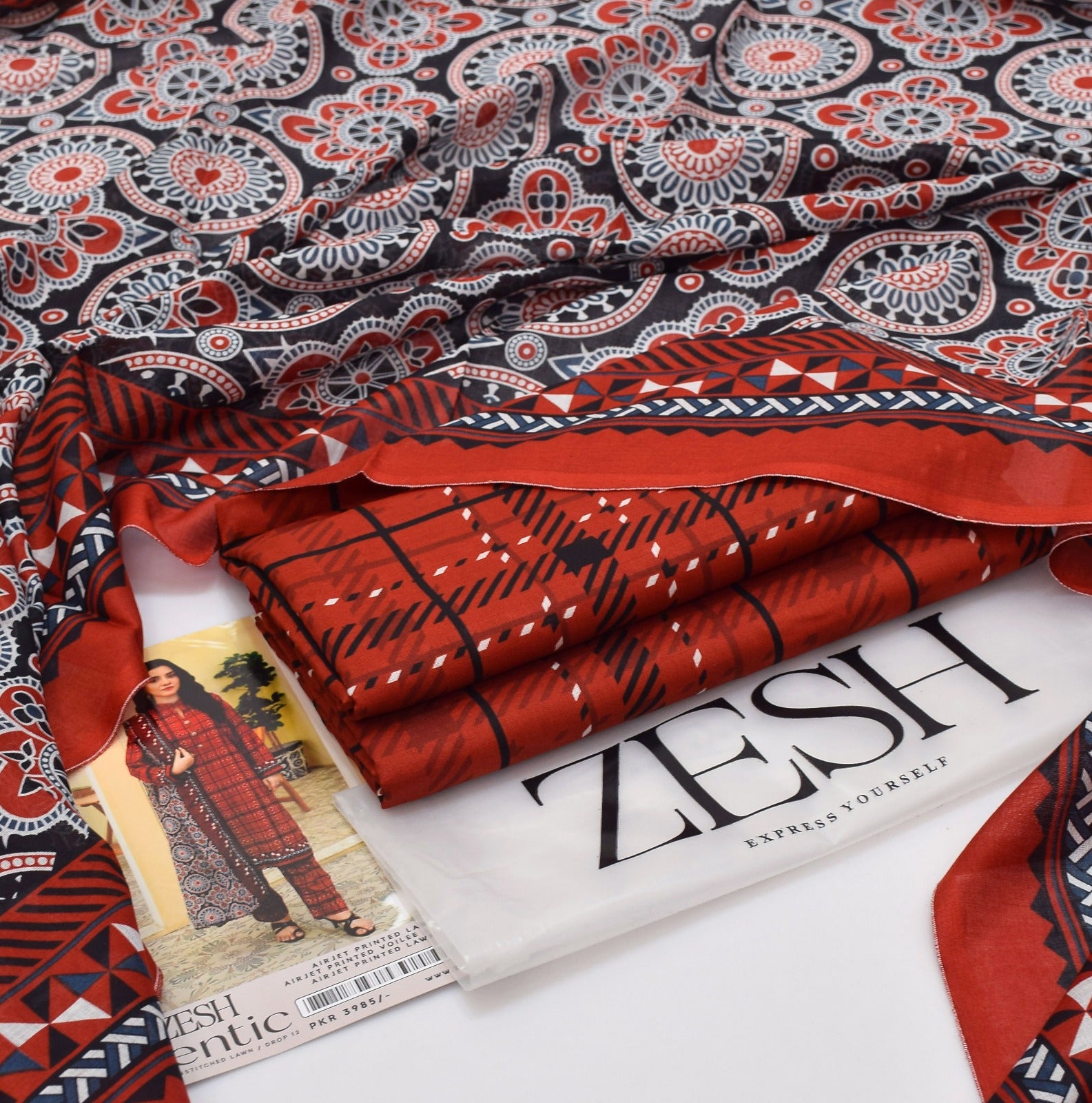 ZESH Brand Lawn Unstiched 3 Piece   Voil Lawn Printed Duppata