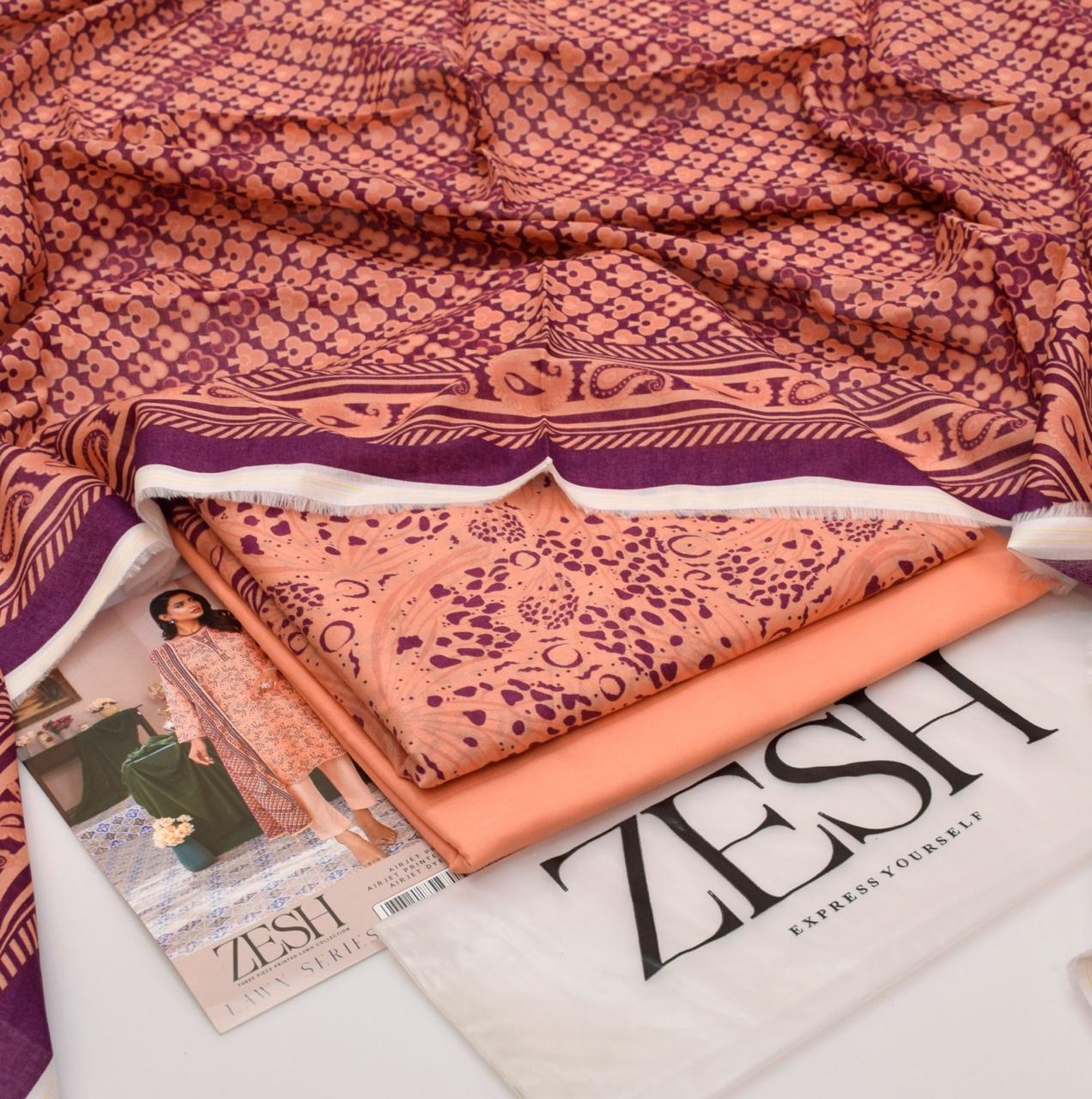 ZESH Brand Lawn Unstiched 3 Piece   Voil Lawn Printed Duppata