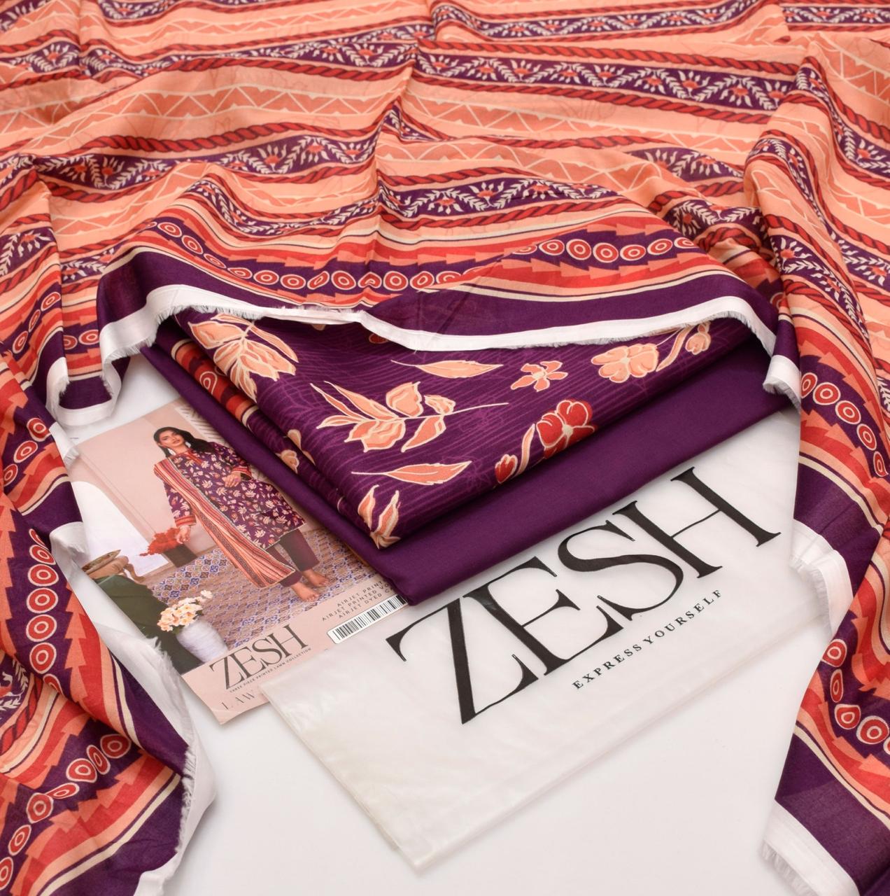 ZESH Brand Lawn Unstiched 3 Piece   Voil Lawn Printed Duppata