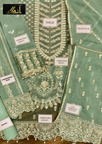 BRAND:AFROZEH Organza Embroidered Hand Work Embellished Luxury Unstitched 3pc Suit For Women