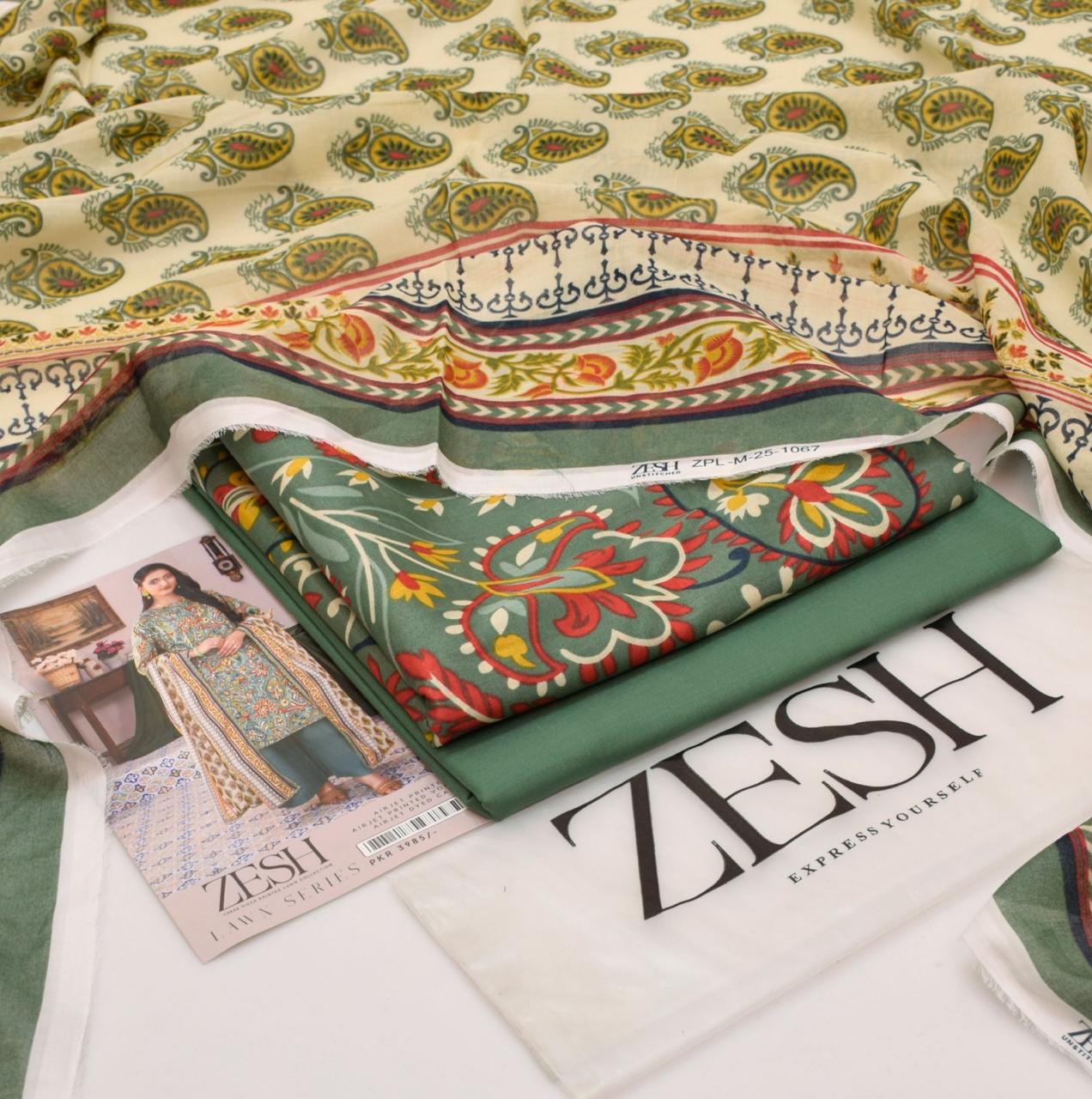 ZESH Brand Lawn Unstiched 3 Piece   Voil Lawn Printed Duppata