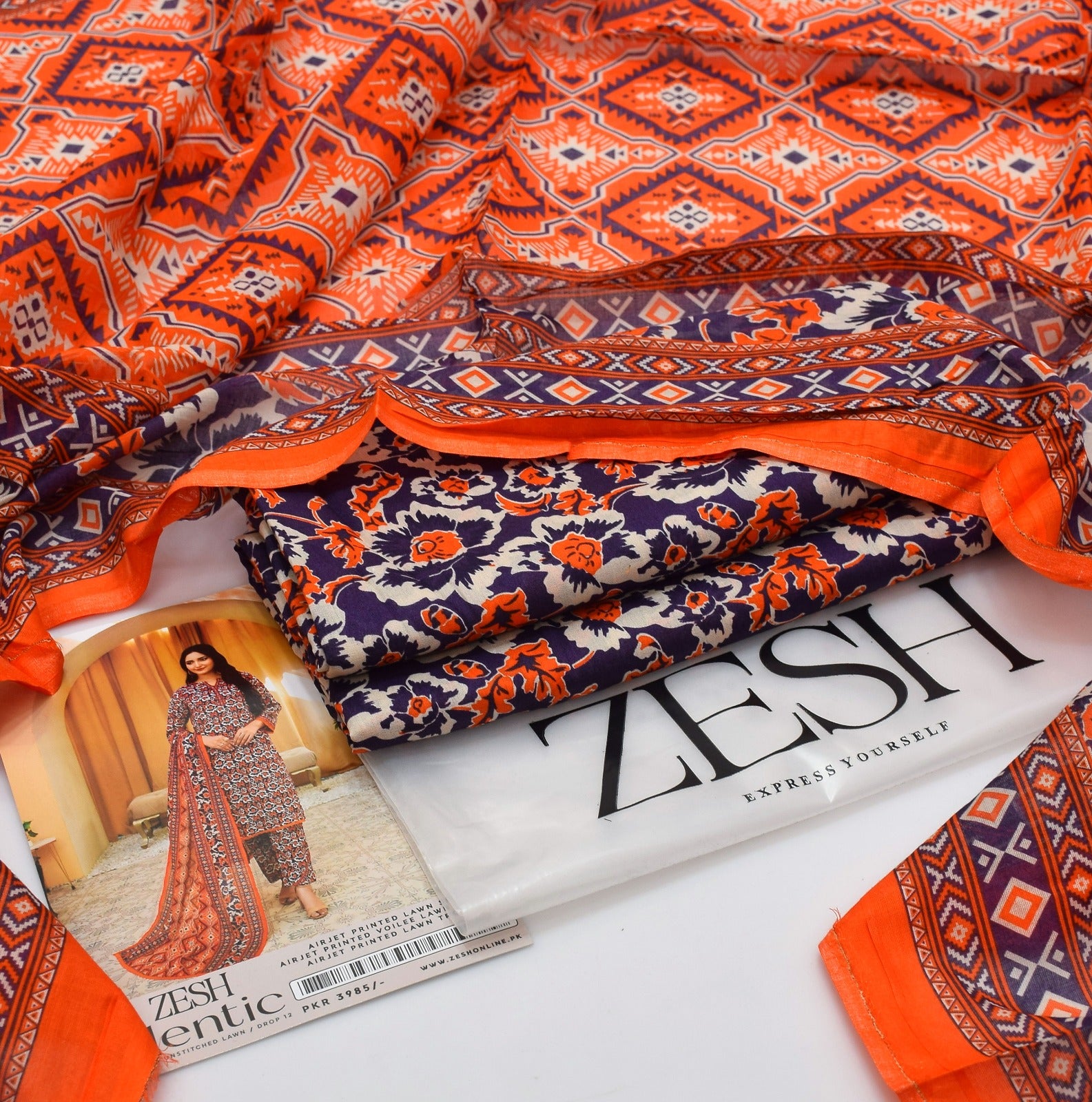 ZESH Brand Lawn Unstiched 3 Piece   Voil Lawn Printed Duppata