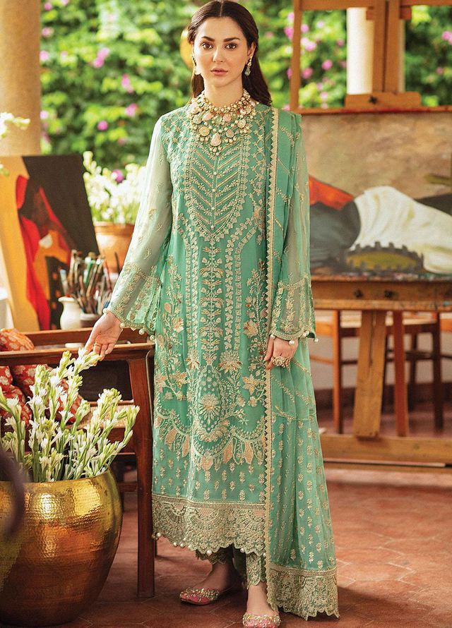 BRAND:AFROZEH Organza Embroidered Hand Work Embellished Luxury Unstitched 3pc Suit For Women