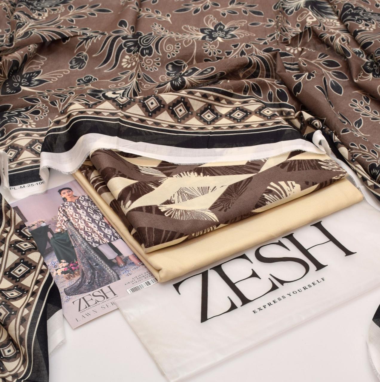 ZESH Brand Lawn Unstiched 3 Piece   Voil Lawn Printed Duppata