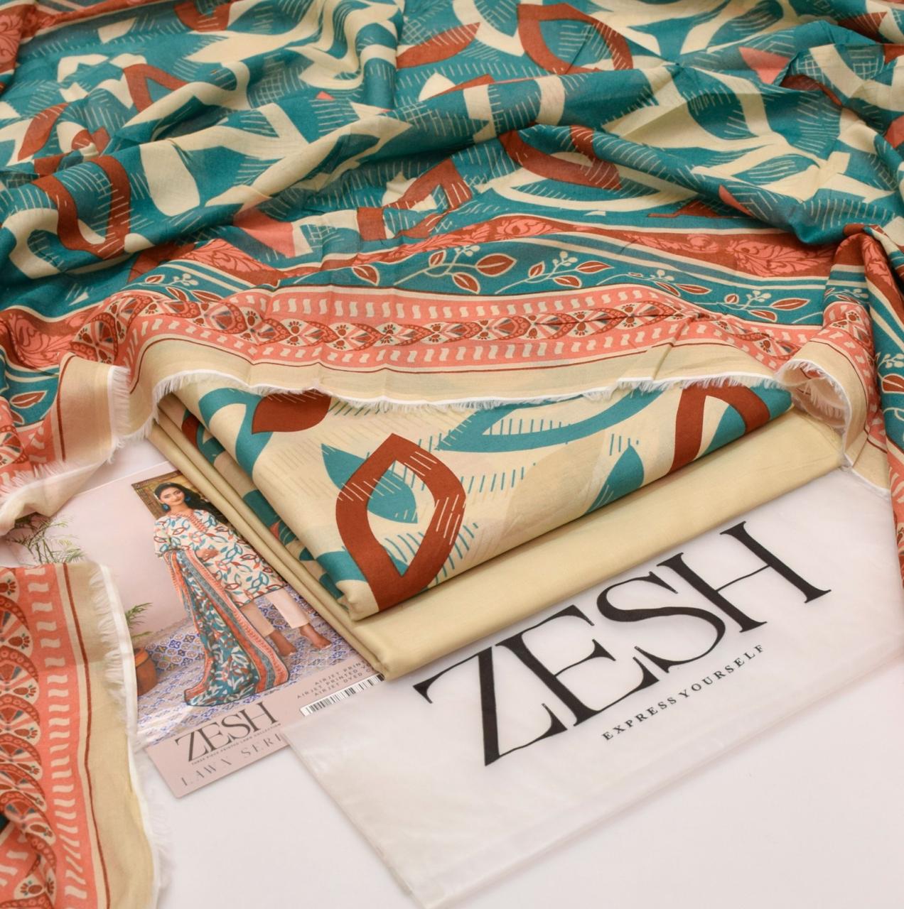 ZESH Brand Lawn Unstiched 3 Piece   Voil Lawn Printed Duppata