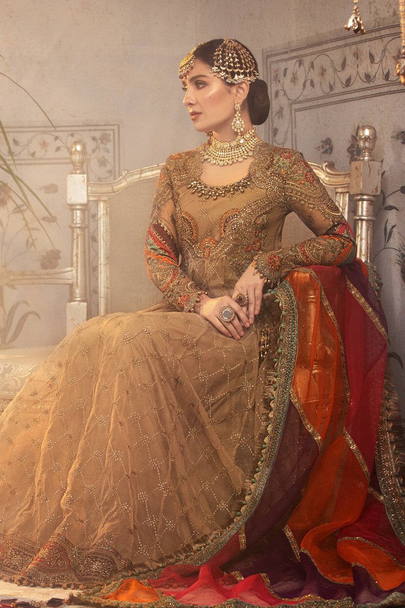 Maria B : Organza & Silk Frock 3 Piece Unstiched Full Embroidery With Sleeves Cutwork With Organza Duppata For Women Party Wear