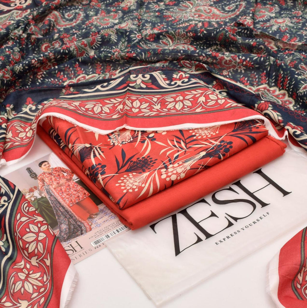 ZESH Brand Lawn Unstiched 3 Piece   Voil Lawn Printed Duppata