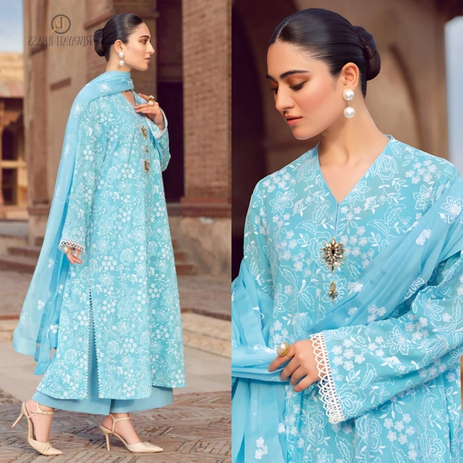 Bareeze Lawn 3 Piece Full Embroidery Unstiched Suit With Chiffon Embroiderd Duppata For Women Party Wear