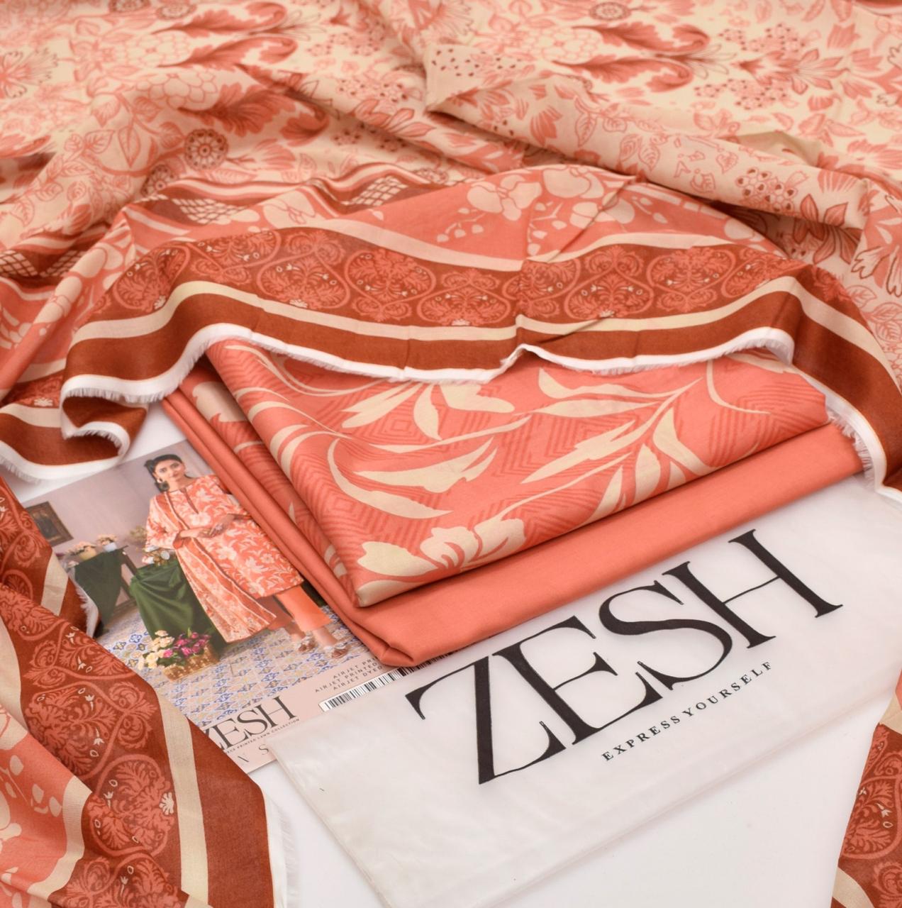 ZESH Brand Lawn Unstiched 3 Piece   Voil Lawn Printed Duppata